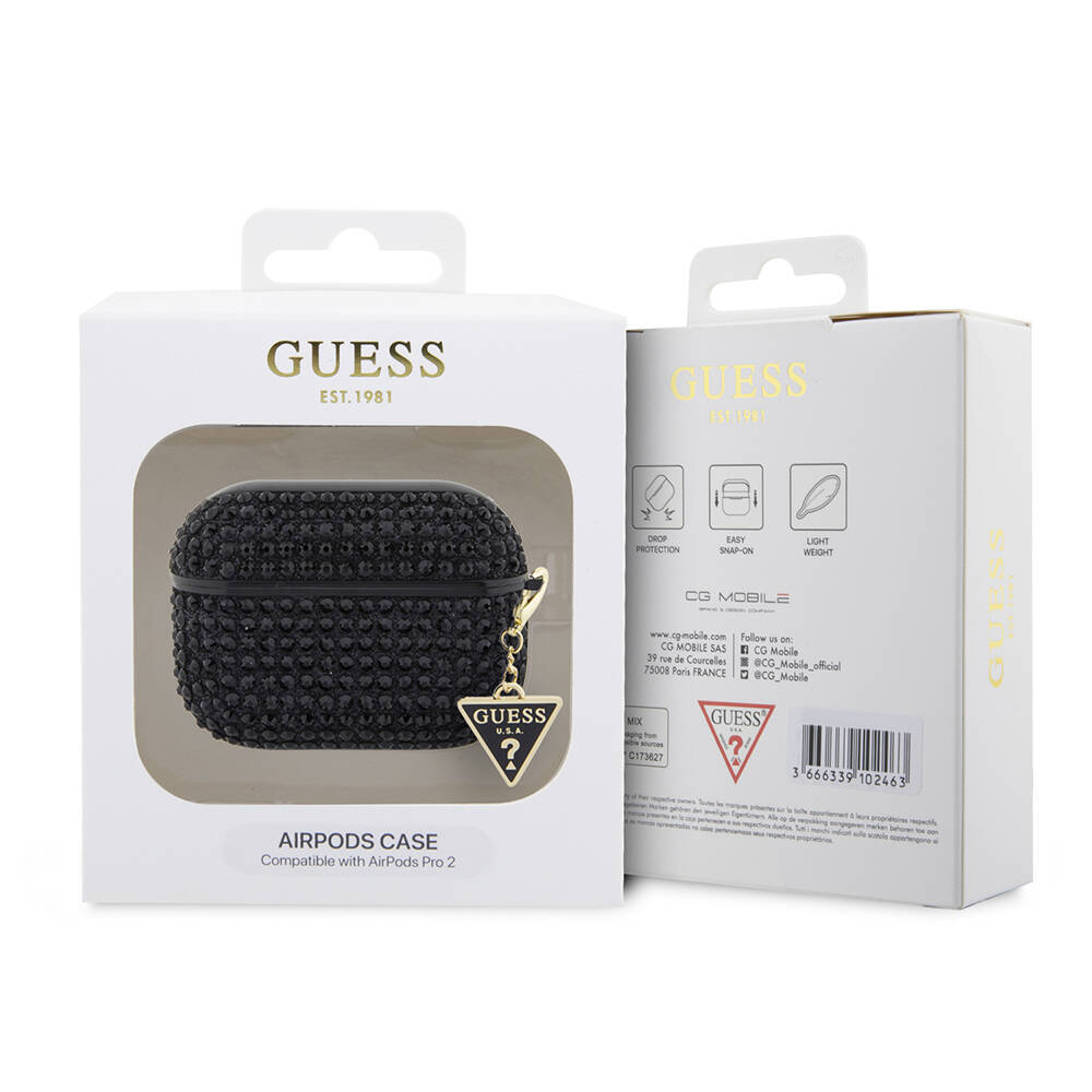 Apple Airpods Pro 2 Kılıf Guess Orjinal Lisanslı Parıltılı Taş Kaplamalı Üçgen Logo Süs Zincirli Kapak - 8
