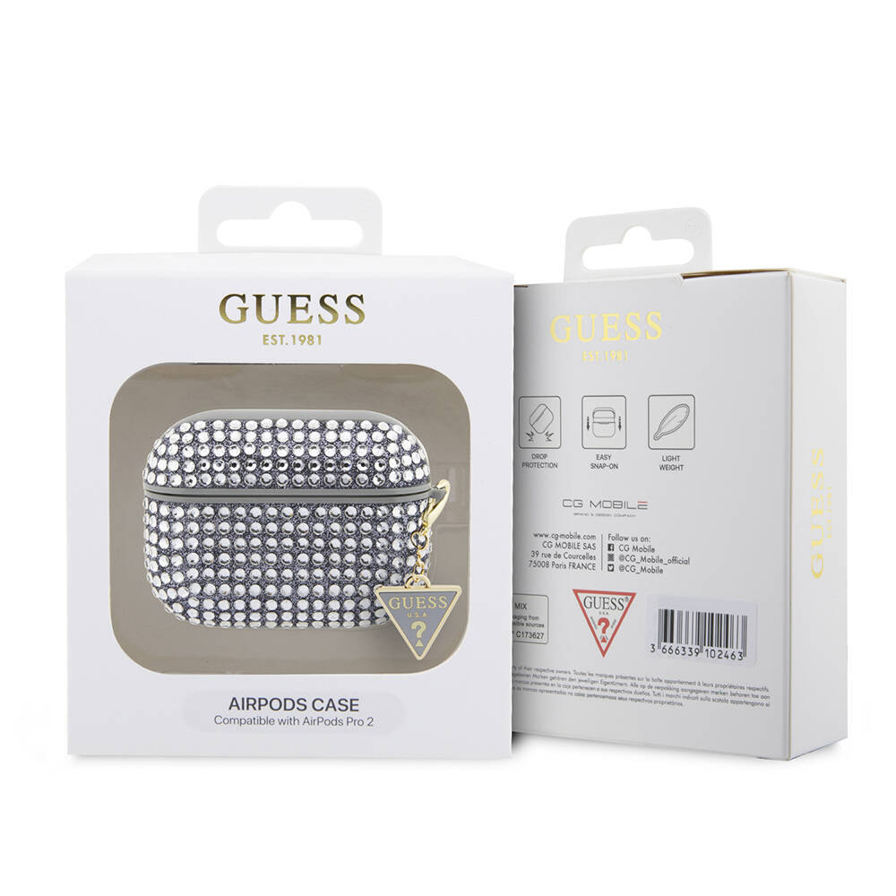 Apple Airpods Pro 2 Kılıf Guess Orjinal Lisanslı Parıltılı Taş Kaplamalı Üçgen Logo Süs Zincirli Kapak - 17