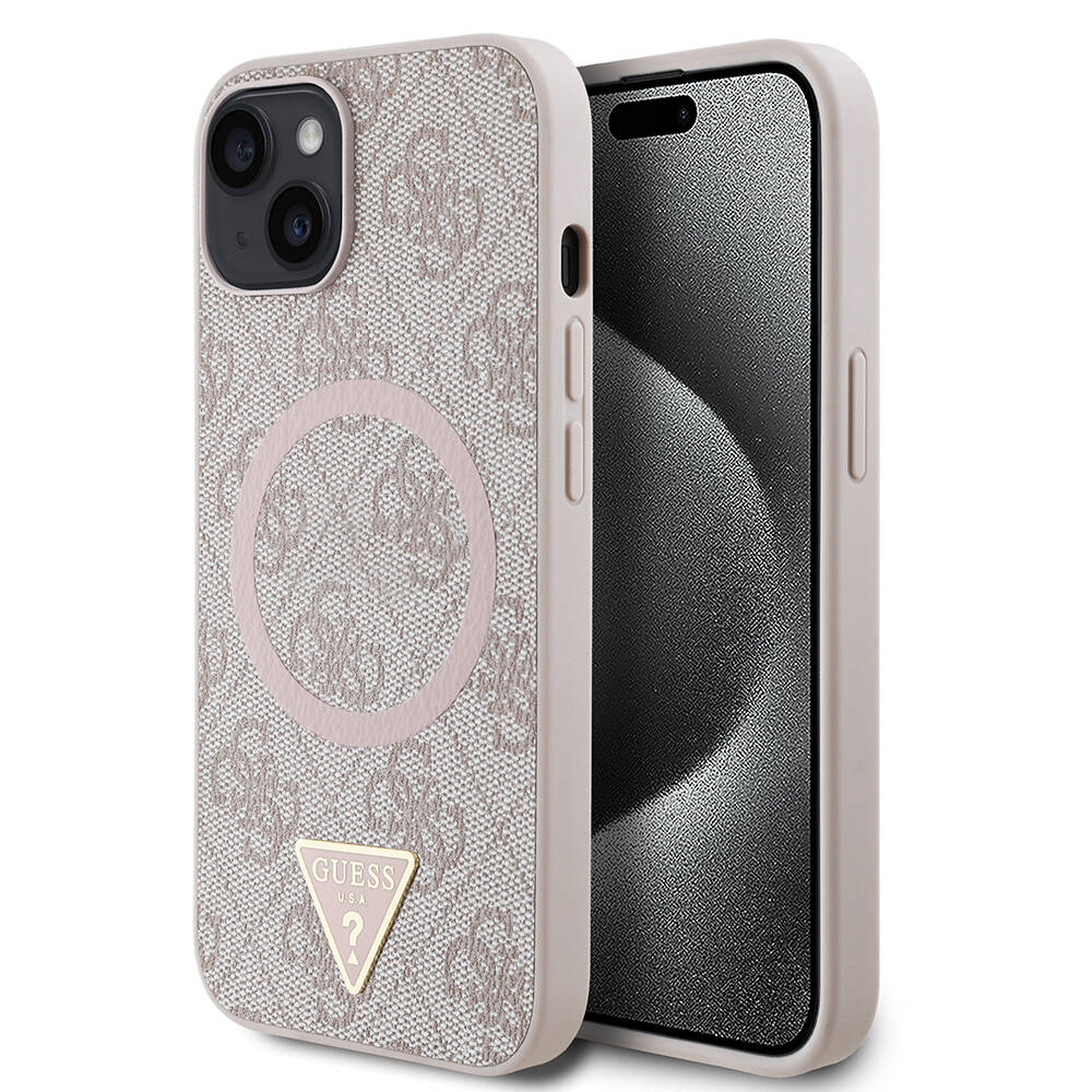 Apple iPhone 14 Kılıf Guess Orjinal Lisanslı M-safe Şarj Özellikli PU Üçgen Logo 4G Desenli Kapak - 4
