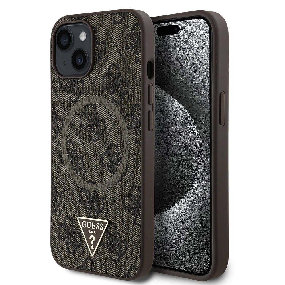 Apple iPhone 14 Kılıf Guess Orjinal Lisanslı M-safe Şarj Özellikli PU Üçgen Logo 4G Desenli Kapak - 3