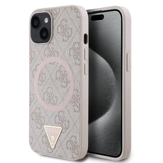 Apple iPhone 14 Kılıf Guess Orjinal Lisanslı M-safe Şarj Özellikli PU Üçgen Logo 4G Desenli Kapak