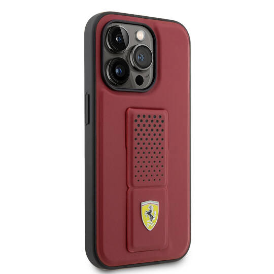 Apple iPhone 14 Pro Kılıf Ferrari Orjinal Lisanlı Klasik Metal Logolu Delikli Standlı Deri Kapak - 11
