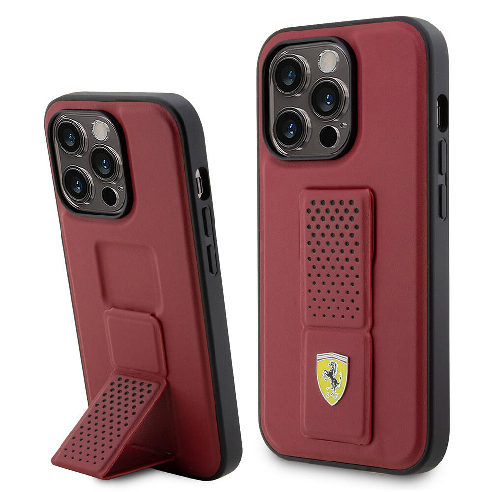 Apple iPhone 14 Pro Kılıf Ferrari Orjinal Lisanlı Klasik Metal Logolu Delikli Standlı Deri Kapak - 1