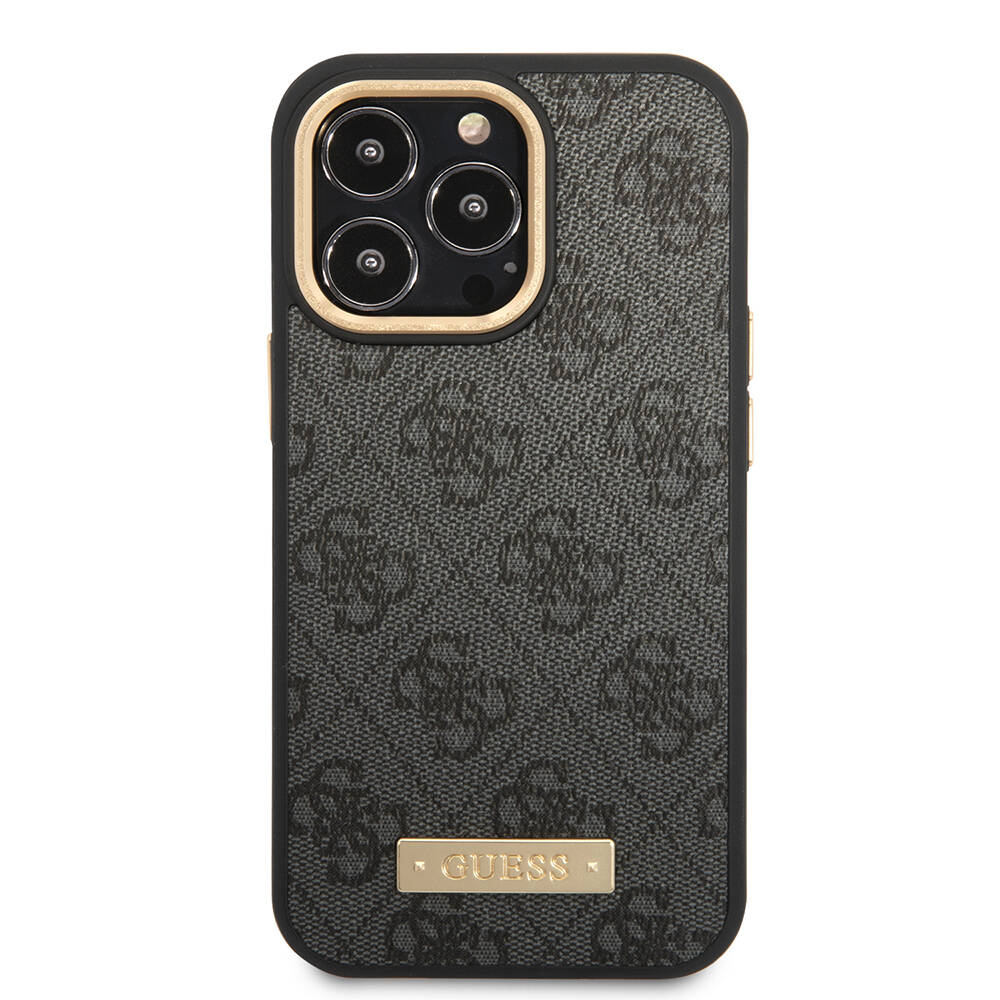 Apple iPhone 14 Pro Max Kılıf Guess Orjinal Lisanslı M-safe Şarj Özellikli 4G Desenli PU Metal Plaka Klasik Logolu Kapak - 5