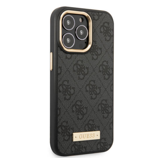 Apple iPhone 14 Pro Max Kılıf Guess Orjinal Lisanslı M-safe Şarj Özellikli 4G Desenli PU Metal Plaka Klasik Logolu Kapak - 6