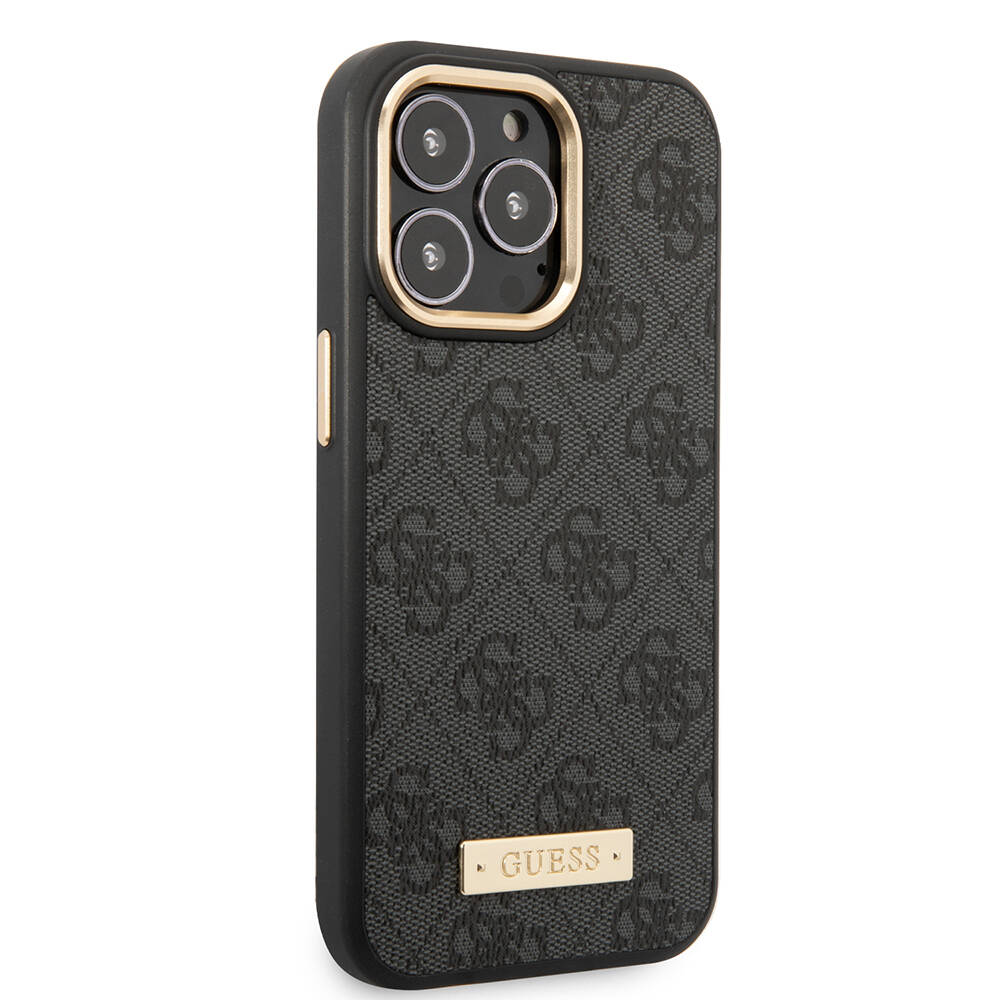 Apple iPhone 14 Pro Max Kılıf Guess Orjinal Lisanslı M-safe Şarj Özellikli 4G Desenli PU Metal Plaka Klasik Logolu Kapak - 6