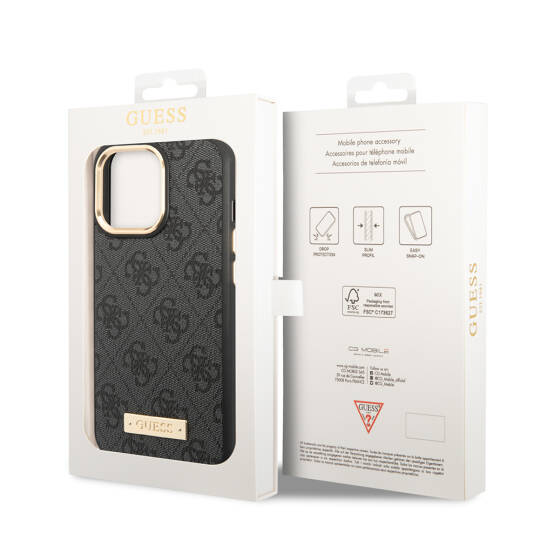 Apple iPhone 14 Pro Max Kılıf Guess Orjinal Lisanslı M-safe Şarj Özellikli 4G Desenli PU Metal Plaka Klasik Logolu Kapak - 9