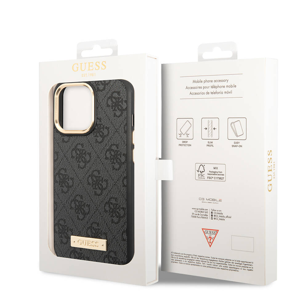 Apple iPhone 14 Pro Max Kılıf Guess Orjinal Lisanslı M-safe Şarj Özellikli 4G Desenli PU Metal Plaka Klasik Logolu Kapak - 9