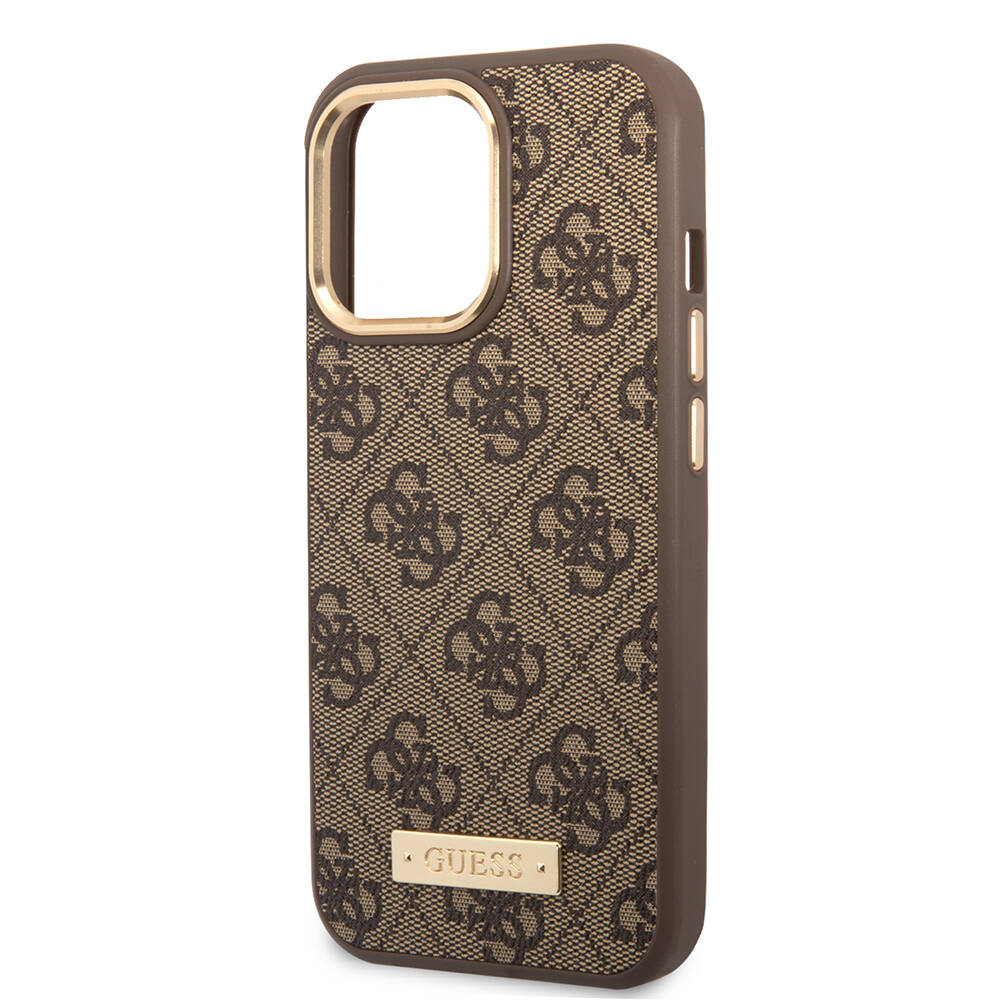 Apple iPhone 14 Pro Max Kılıf Guess Orjinal Lisanslı M-safe Şarj Özellikli 4G Desenli PU Metal Plaka Klasik Logolu Kapak - 13