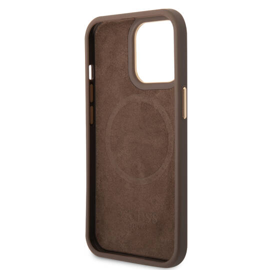 Apple iPhone 14 Pro Max Kılıf Guess Orjinal Lisanslı M-safe Şarj Özellikli 4G Desenli PU Metal Plaka Klasik Logolu Kapak - 14