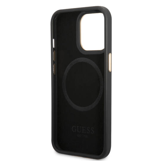 Apple iPhone 14 Pro Max Kılıf Guess Orjinal Lisanslı M-safe Şarj Özellikli 4G Desenli PU Metal Plaka Klasik Logolu Kapak - 16