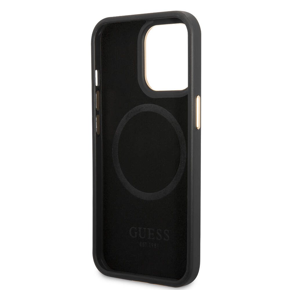 Apple iPhone 14 Pro Max Kılıf Guess Orjinal Lisanslı M-safe Şarj Özellikli 4G Desenli PU Metal Plaka Klasik Logolu Kapak - 16