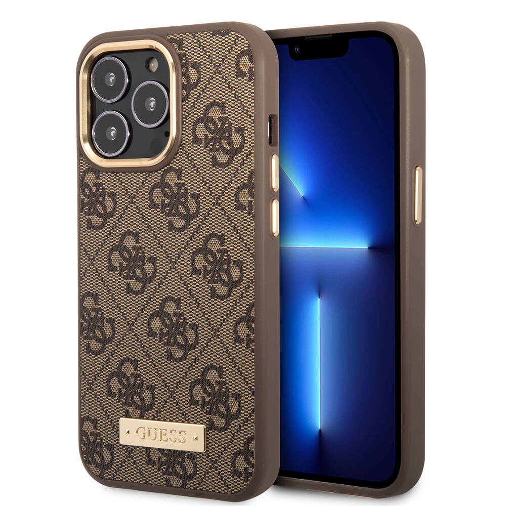 Apple iPhone 14 Pro Max Kılıf Guess Orjinal Lisanslı M-safe Şarj Özellikli 4G Desenli PU Metal Plaka Klasik Logolu Kapak - 1