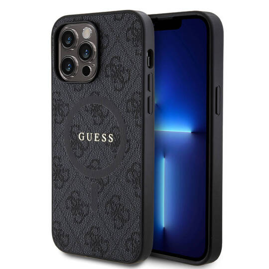 Apple iPhone 14 Pro Max Kılıf Guess Orjinal Lisanslı M-safe Şarj Özellikli PU Halkalı 4G Desenli Yazı Logolu Kapak - 5