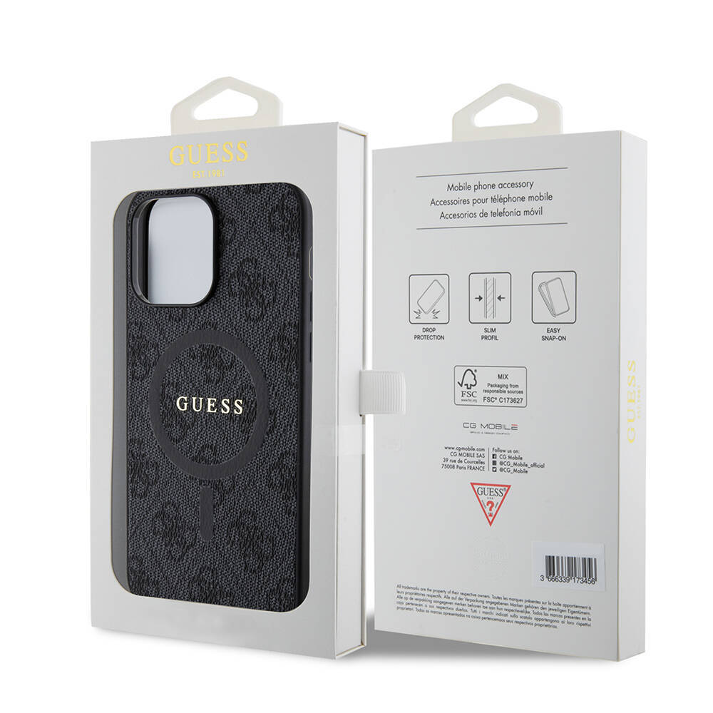 Apple iPhone 14 Pro Max Kılıf Guess Orjinal Lisanslı M-safe Şarj Özellikli PU Halkalı 4G Desenli Yazı Logolu Kapak - 16