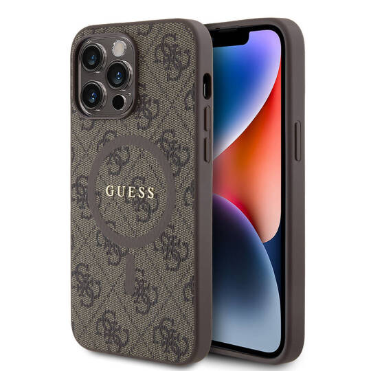 Apple iPhone 14 Pro Max Kılıf Guess Orjinal Lisanslı M-safe Şarj Özellikli PU Halkalı 4G Desenli Yazı Logolu Kapak - 18