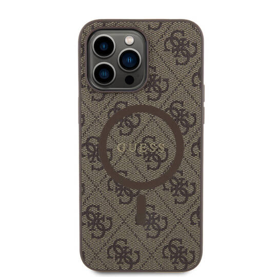 Apple iPhone 14 Pro Max Kılıf Guess Orjinal Lisanslı M-safe Şarj Özellikli PU Halkalı 4G Desenli Yazı Logolu Kapak