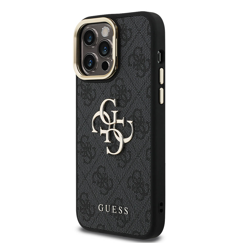Apple iPhone 14 Pro Max Kılıf Guess Orjinal Lisanslı PU Deri 4G Desenli Metal Büyük 4G ve Yazı Logolu Kamera Standlı Kapak - 6