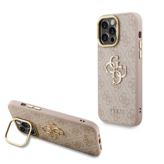Apple iPhone 14 Pro Max Kılıf Guess Orjinal Lisanslı PU Deri 4G Desenli Metal Büyük 4G ve Yazı Logolu Kamera Standlı Kapak - 4