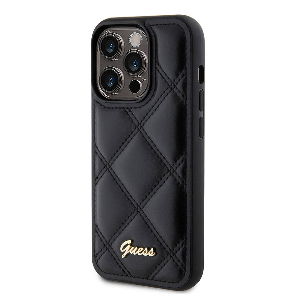 Apple iPhone 14 Pro Max Kılıf Guess Orjinal Lisanslı PU Deri Metal Yazı Logolu Kapitone Kapak - 3