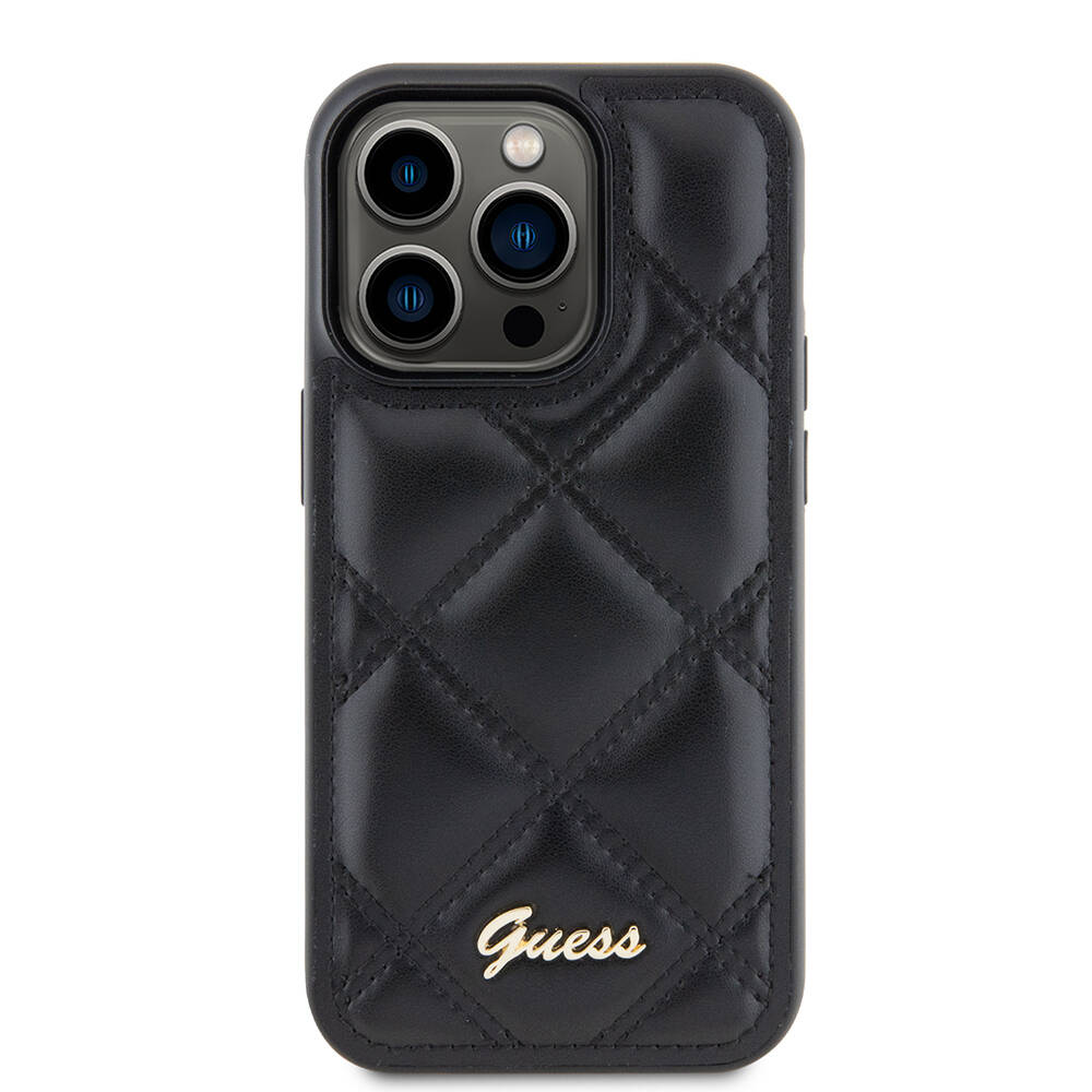 Apple iPhone 14 Pro Max Kılıf Guess Orjinal Lisanslı PU Deri Metal Yazı Logolu Kapitone Kapak - 4