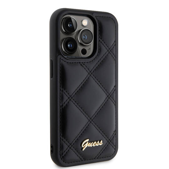 Apple iPhone 14 Pro Max Kılıf Guess Orjinal Lisanslı PU Deri Metal Yazı Logolu Kapitone Kapak - 5