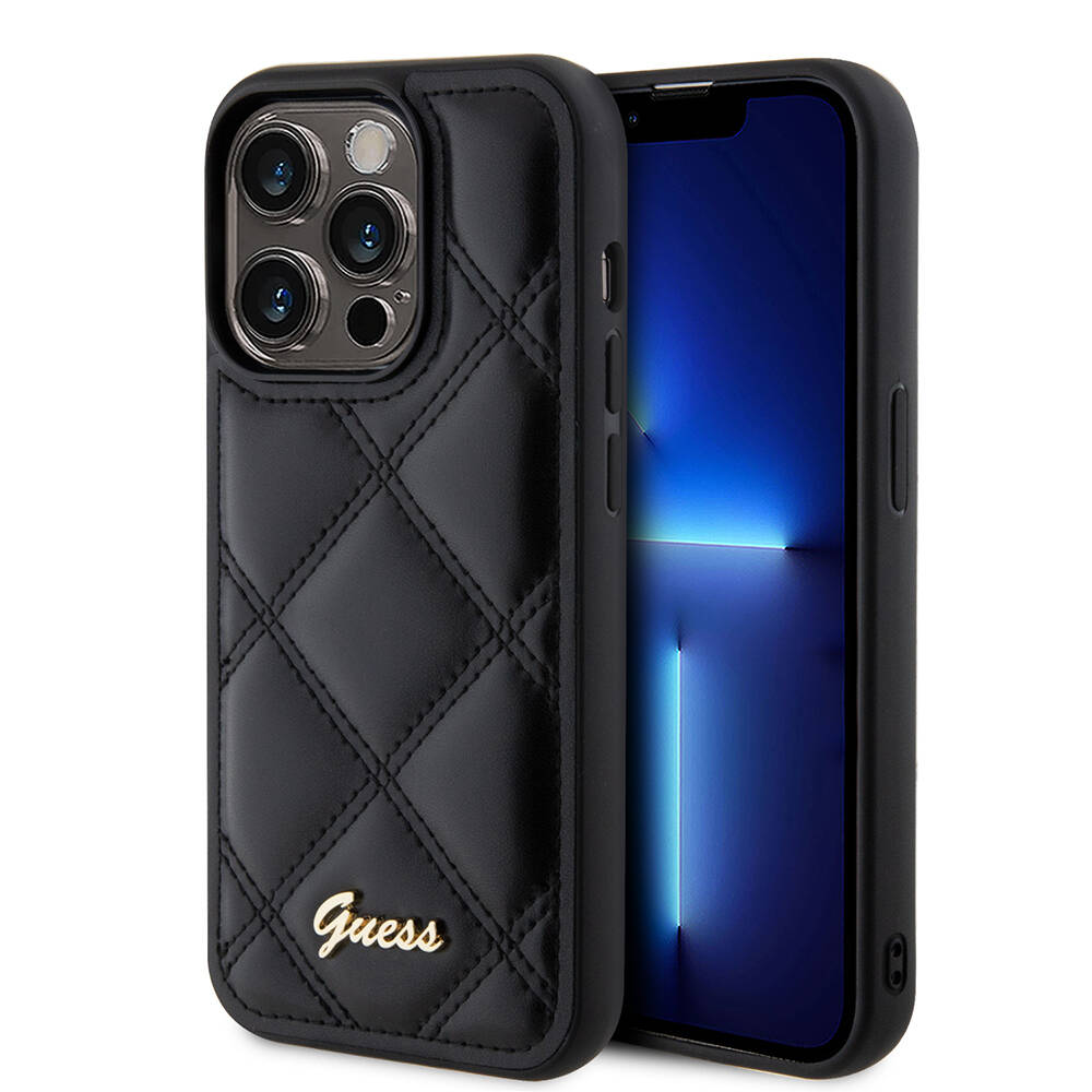 Apple iPhone 14 Pro Max Kılıf Guess Orjinal Lisanslı PU Deri Metal Yazı Logolu Kapitone Kapak - 1