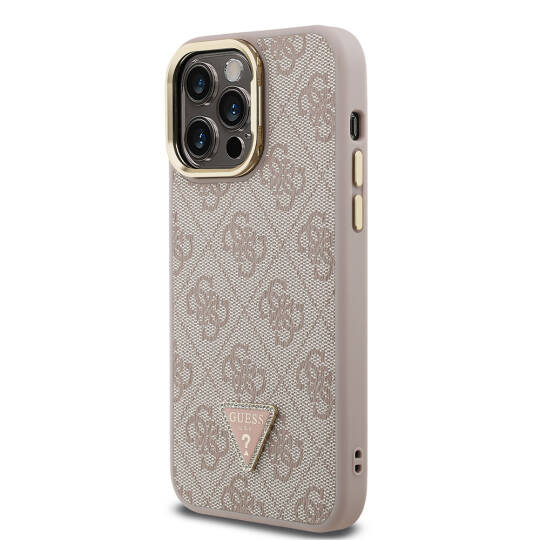 Apple iPhone 14 Pro Max Kılıf Guess Orjinal Lisanslı PU Deri Taşlı Üçgen Logo 4G Desenli Kamera Standlı Kapak - 5