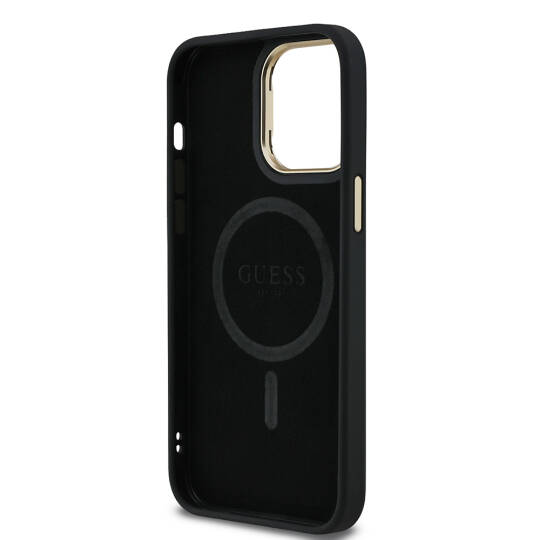 Apple iPhone 14 Pro Max Kılıf Guess Orjinal Lisanslı PU Deri Taşlı Üçgen Logo 4G Desenli Kamera Standlı Kapak - 17