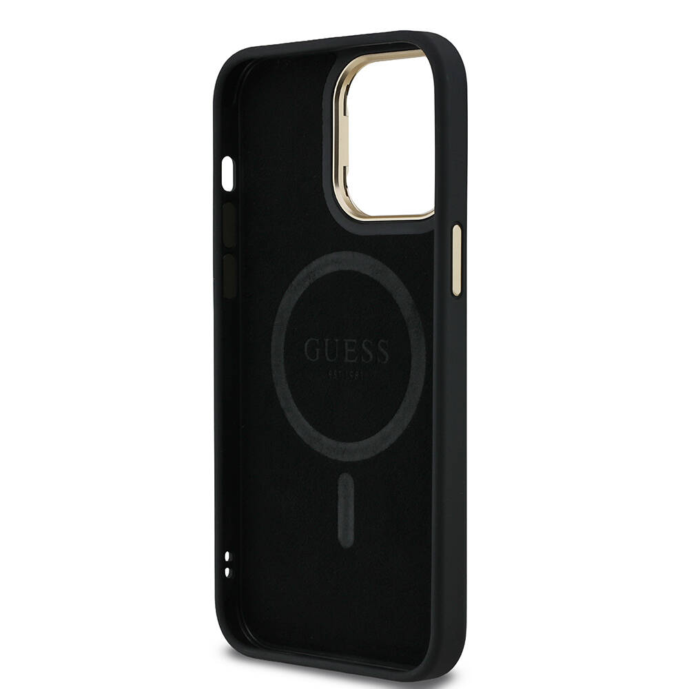 Apple iPhone 14 Pro Max Kılıf Guess Orjinal Lisanslı PU Deri Taşlı Üçgen Logo 4G Desenli Kamera Standlı Kapak - 17