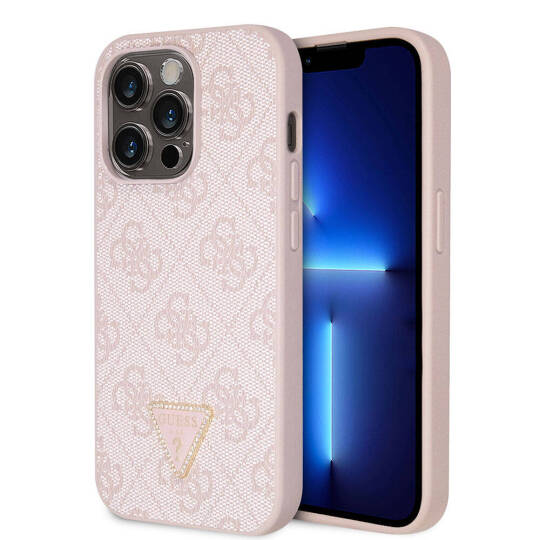 Apple iPhone 14 Pro Max Kılıf Guess Orjinal Lisanslı PU Deri Taşlı Üçgen Logo 4G Desenli Kapak - 15