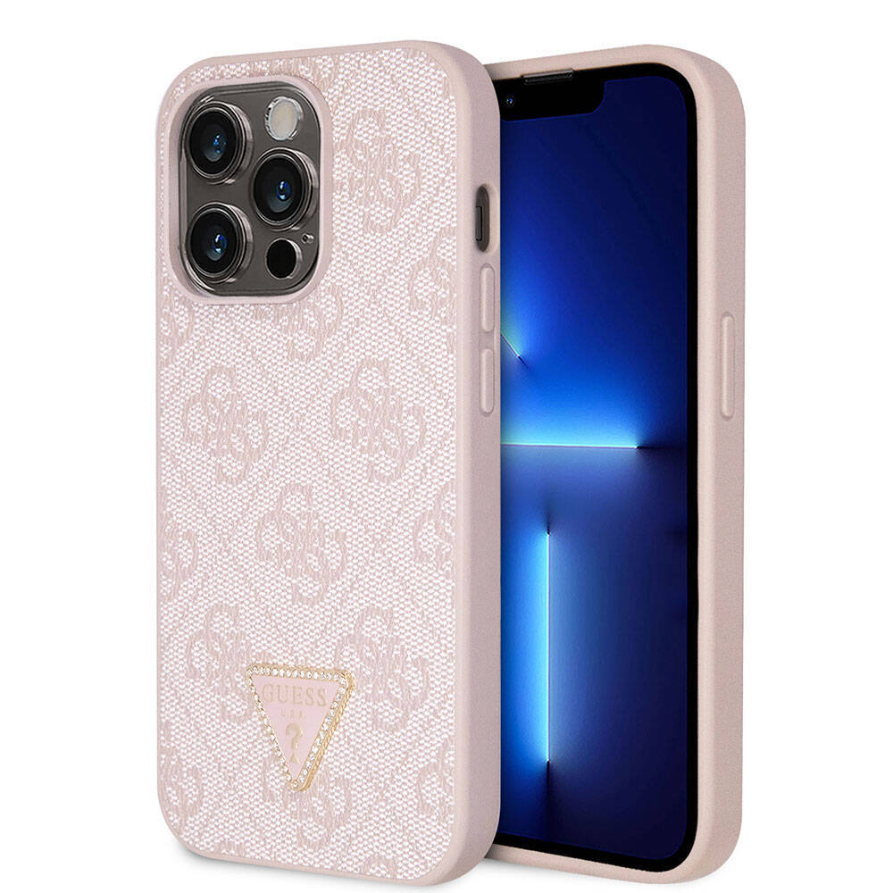 Apple iPhone 14 Pro Max Kılıf Guess Orjinal Lisanslı PU Deri Taşlı Üçgen Logo 4G Desenli Kapak - 15