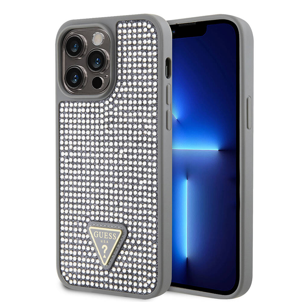Apple iPhone 14 Pro Max Kılıf Guess Orjinal Lisanslı Taşlı Arka Yüzey Üçgen Logolu Kapak - 1