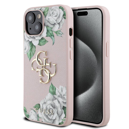Apple iPhone 15 Kılıf Guess Orjinal Lisanslı Gül Baskılı Büyük Metal Logo Dizaynlı Kapak - 3