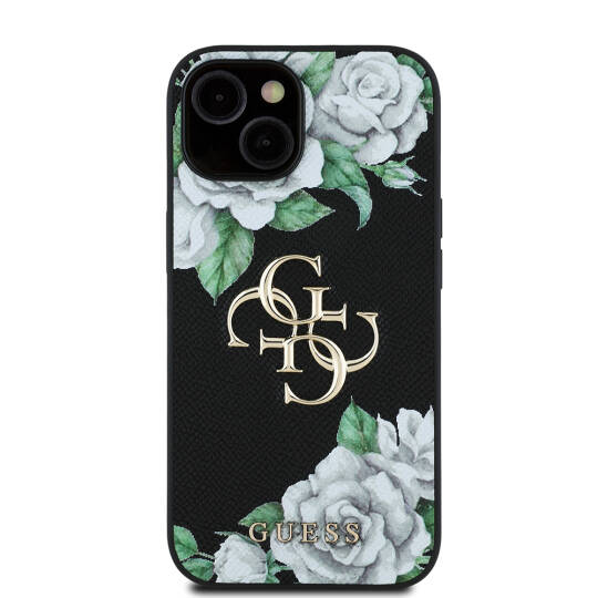 Apple iPhone 15 Kılıf Guess Orjinal Lisanslı Gül Baskılı Büyük Metal Logo Dizaynlı Kapak - 5