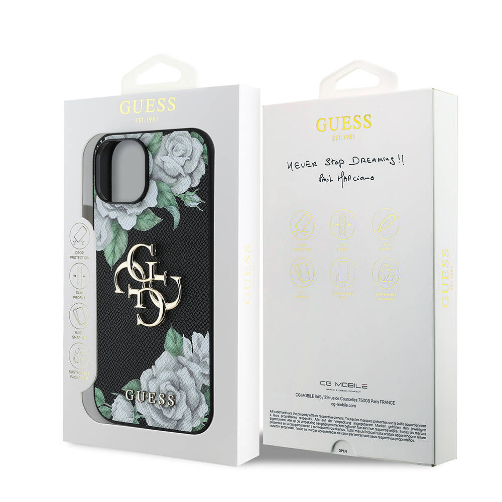 Apple iPhone 15 Kılıf Guess Orjinal Lisanslı Gül Baskılı Büyük Metal Logo Dizaynlı Kapak - 10