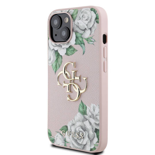 Apple iPhone 15 Kılıf Guess Orjinal Lisanslı Gül Baskılı Büyük Metal Logo Dizaynlı Kapak - 11