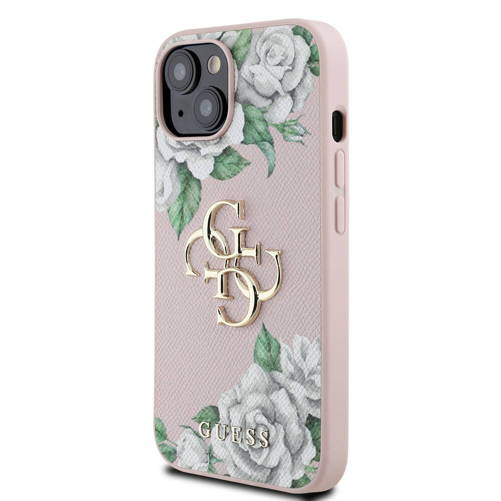 Apple iPhone 15 Kılıf Guess Orjinal Lisanslı Gül Baskılı Büyük Metal Logo Dizaynlı Kapak - 11