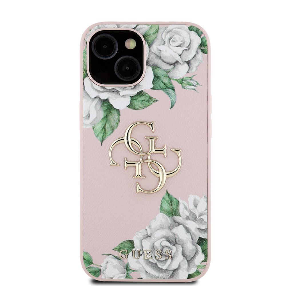 Apple iPhone 15 Kılıf Guess Orjinal Lisanslı Gül Baskılı Büyük Metal Logo Dizaynlı Kapak - 12