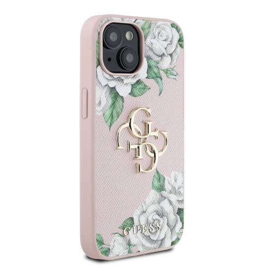 Apple iPhone 15 Kılıf Guess Orjinal Lisanslı Gül Baskılı Büyük Metal Logo Dizaynlı Kapak - 13