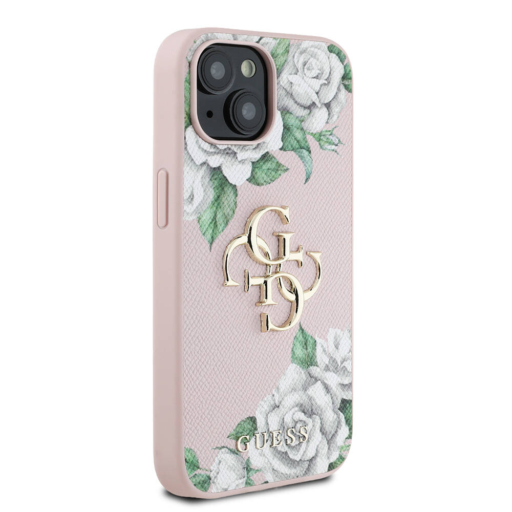 Apple iPhone 15 Kılıf Guess Orjinal Lisanslı Gül Baskılı Büyük Metal Logo Dizaynlı Kapak - 13