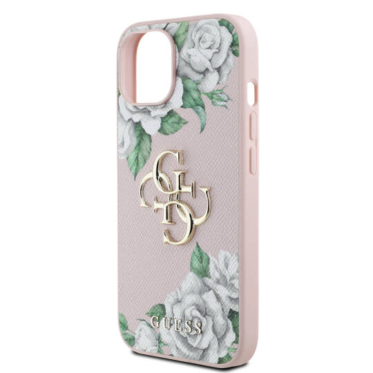 Apple iPhone 15 Kılıf Guess Orjinal Lisanslı Gül Baskılı Büyük Metal Logo Dizaynlı Kapak - 15