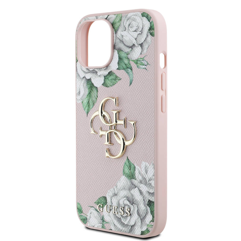 Apple iPhone 15 Kılıf Guess Orjinal Lisanslı Gül Baskılı Büyük Metal Logo Dizaynlı Kapak - 15