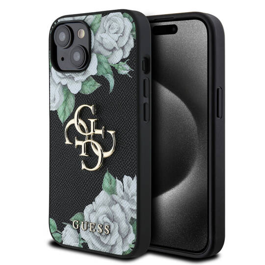 Apple iPhone 15 Kılıf Guess Orjinal Lisanslı Gül Baskılı Büyük Metal Logo Dizaynlı Kapak - 2