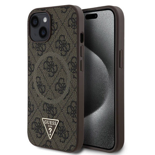 Apple iPhone 15 Kılıf Guess Orjinal Lisanslı M-safe Şarj Özellikli PU Üçgen Logo 4G Desenli Kapak