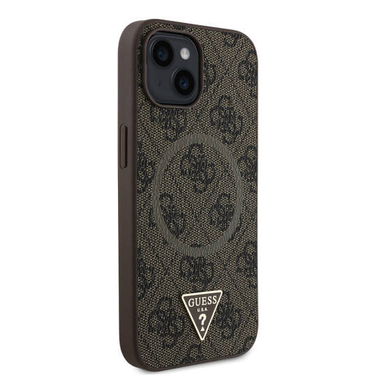 Apple iPhone 15 Kılıf Guess Orjinal Lisanslı M-safe Şarj Özellikli PU Üçgen Logo 4G Desenli Kapak - 4