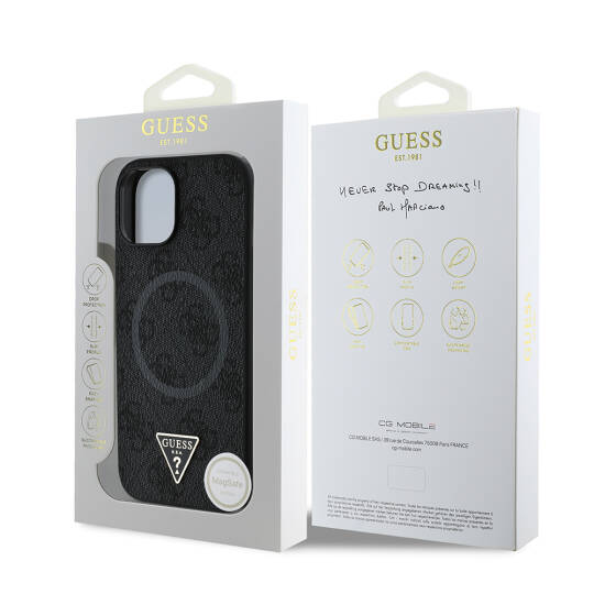 Apple iPhone 15 Kılıf Guess Orjinal Lisanslı M-safe Şarj Özellikli PU Üçgen Logo 4G Desenli Kapak - 15