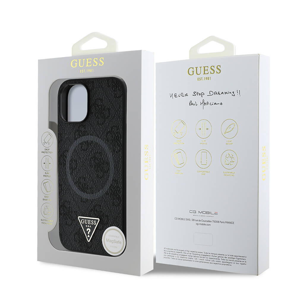 Apple iPhone 15 Kılıf Guess Orjinal Lisanslı M-safe Şarj Özellikli PU Üçgen Logo 4G Desenli Kapak - 15