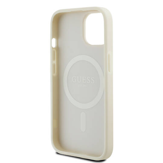 Apple iPhone 15 Kılıf Guess Orjinal Lisanslı M-safe Şarj Özellikli Sıcak Baskılı Üçgen Logolu PU Deri Peony Kapak - 10