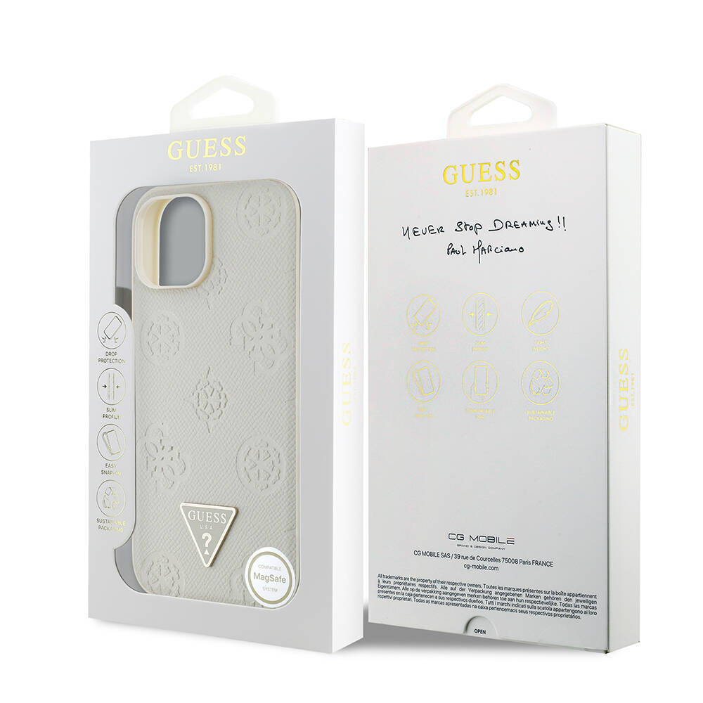 Apple iPhone 15 Kılıf Guess Orjinal Lisanslı M-safe Şarj Özellikli Sıcak Baskılı Üçgen Logolu PU Deri Peony Kapak - 11